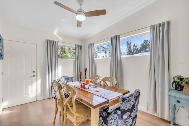 dining space featuring light wood-type flooring, lofted ceiling, and ceiling fan