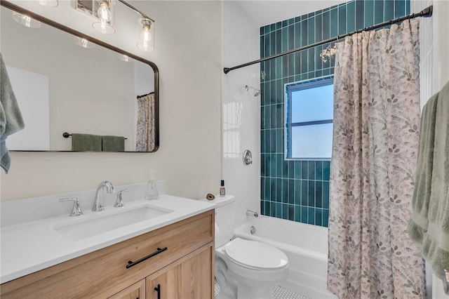 full bathroom featuring toilet, shower / tub combo, and vanity