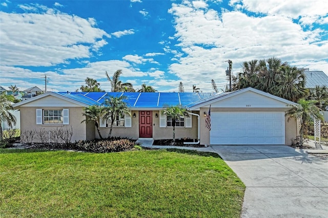 ranch-style home with a garage and a front lawn