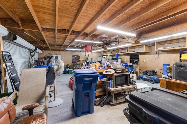 garage with a workshop area