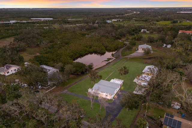 bird's eye view featuring a water view and a wooded view