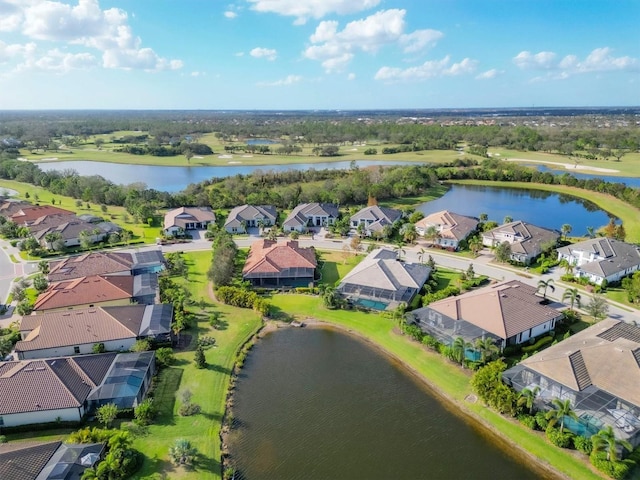 bird's eye view with a water view