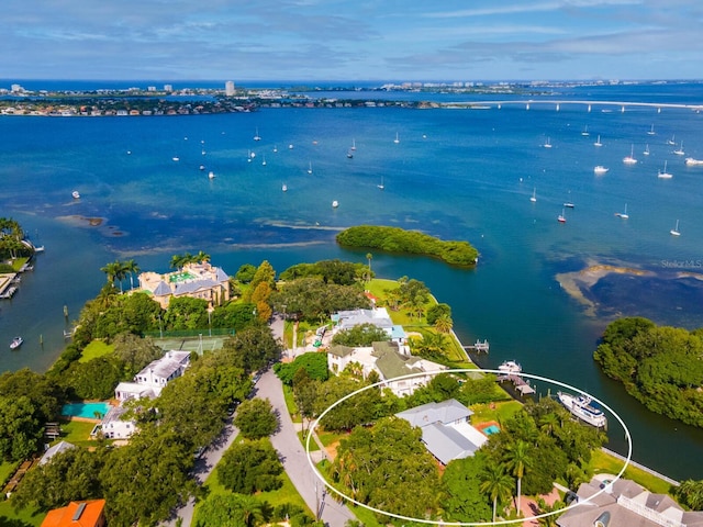 drone / aerial view featuring a water view