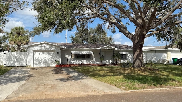 ranch-style home featuring a front lawn and a garage