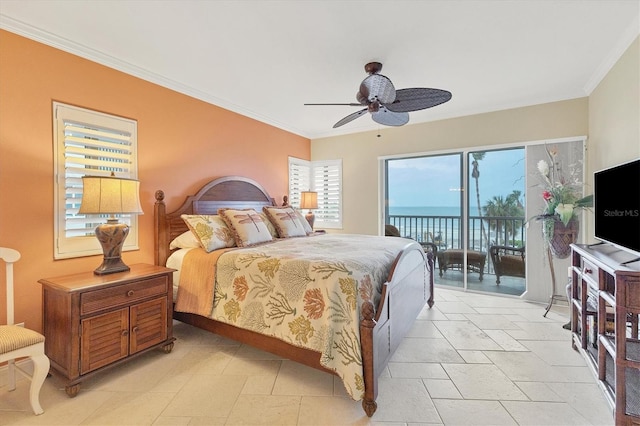 bedroom featuring access to exterior, ceiling fan, and crown molding