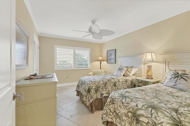 bedroom featuring light tile patterned flooring, ceiling fan, and ornamental molding