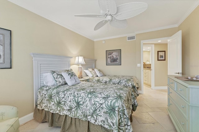 bedroom featuring ornamental molding and ceiling fan