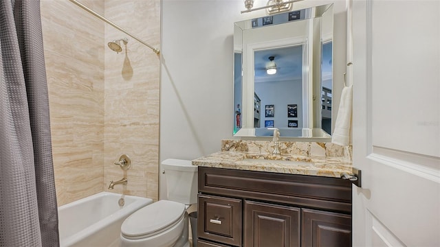 full bathroom with toilet, shower / tub combo, and vanity