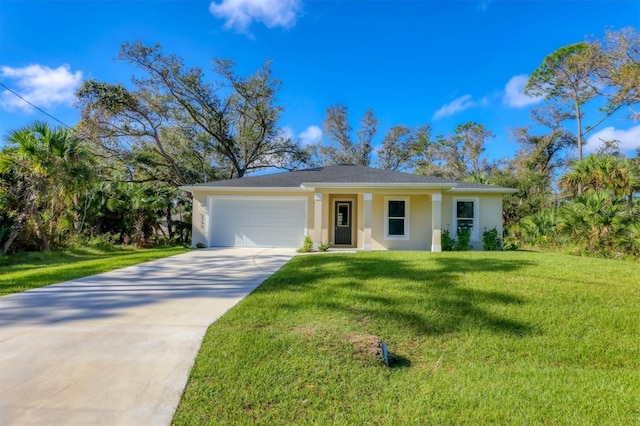 single story home featuring a front lawn and a garage