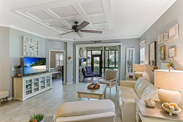 tiled living room featuring coffered ceiling, french doors, ceiling fan, and ornamental molding