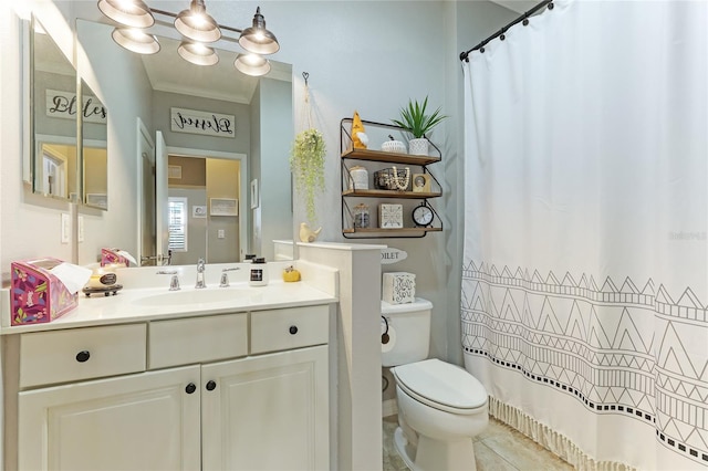 bathroom featuring tile patterned flooring, a chandelier, vanity, crown molding, and toilet