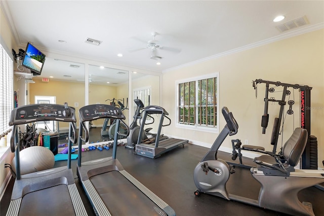 gym featuring ceiling fan and ornamental molding