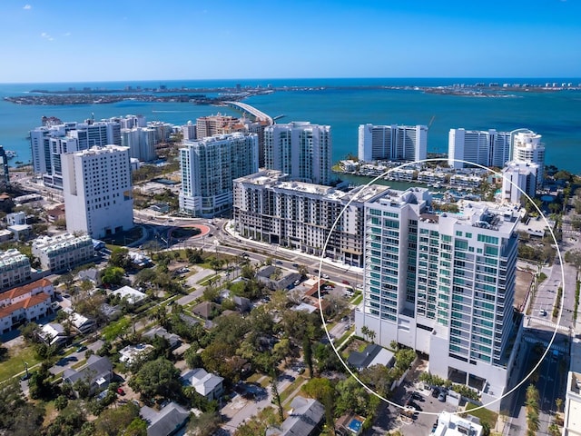 drone / aerial view featuring a water view