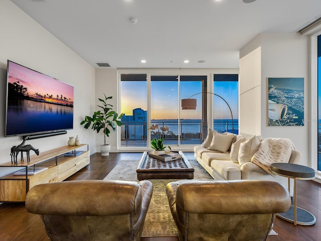 living room with expansive windows, a healthy amount of sunlight, a water view, and dark hardwood / wood-style flooring