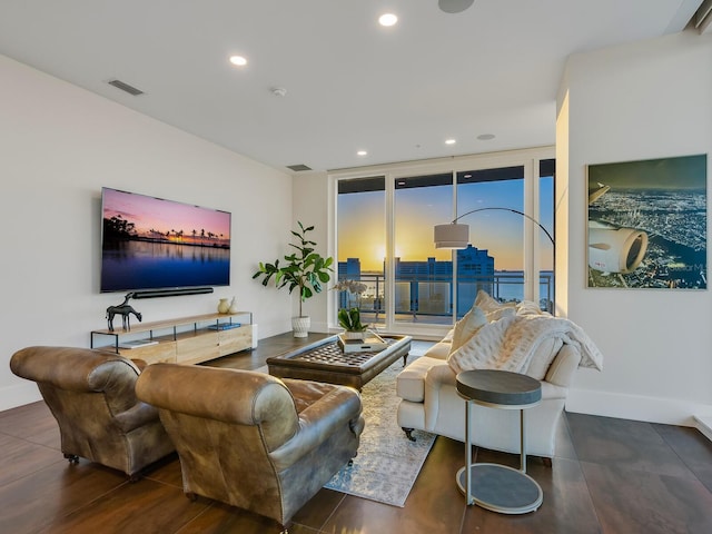 living room featuring a wall of windows and dark hardwood / wood-style floors