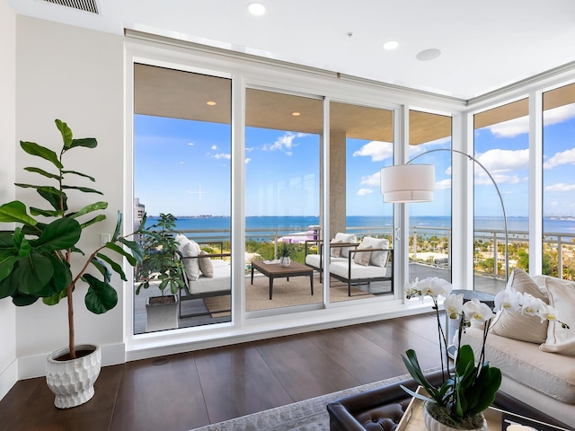 interior space featuring plenty of natural light, a water view, and hardwood / wood-style flooring