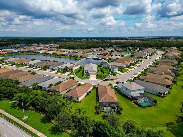 bird's eye view with a water view