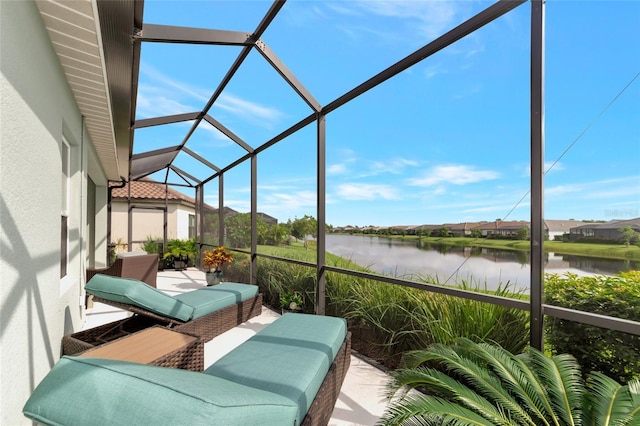 sunroom with a water view