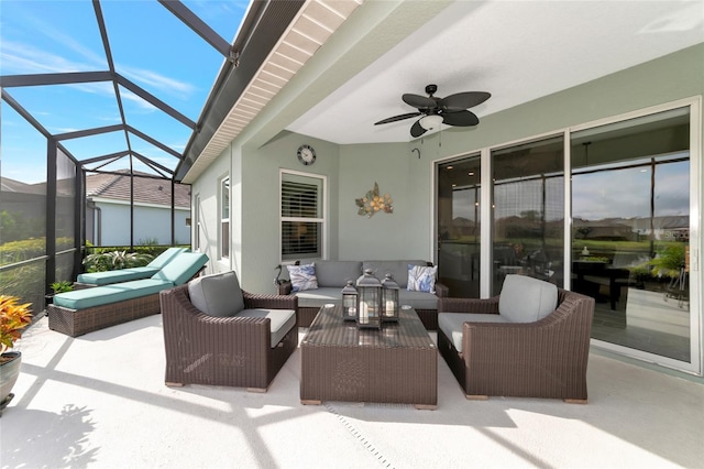 view of patio with an outdoor hangout area, ceiling fan, and a lanai