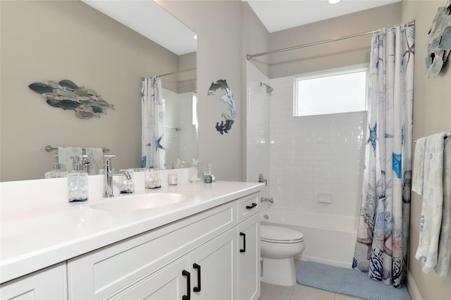 full bathroom with toilet, shower / bath combo, vanity, and tile patterned floors