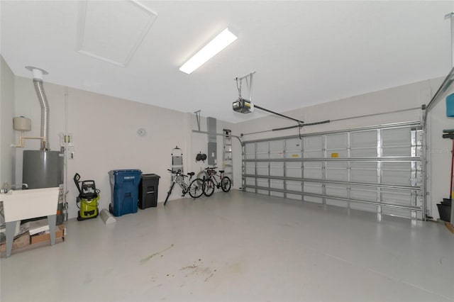 garage with electric panel and a garage door opener