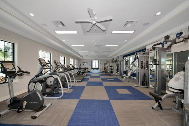 workout area with ceiling fan, ornamental molding, and carpet floors