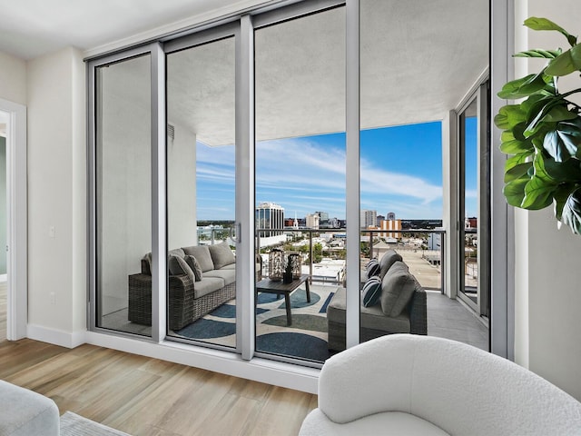 entryway featuring expansive windows and light hardwood / wood-style flooring