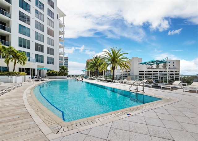 view of swimming pool featuring a patio