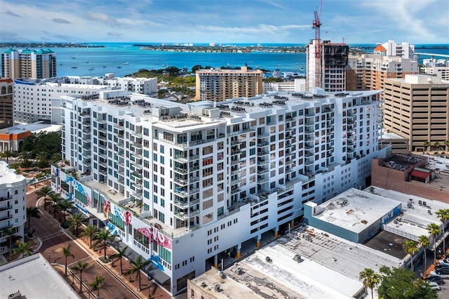 bird's eye view with a water view