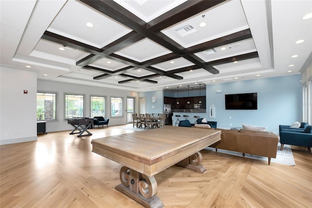 rec room with light parquet floors, beamed ceiling, coffered ceiling, and ornamental molding