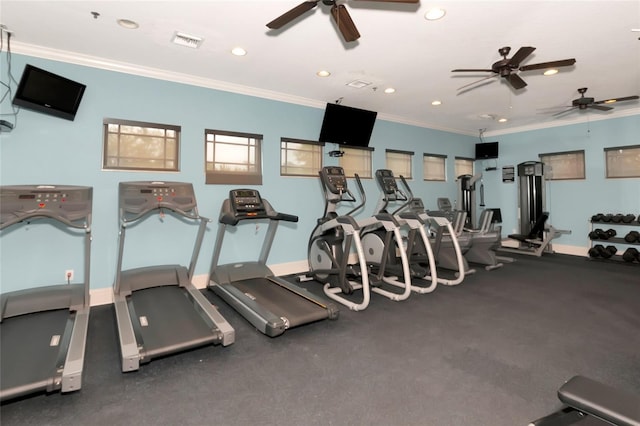 gym with ceiling fan and ornamental molding