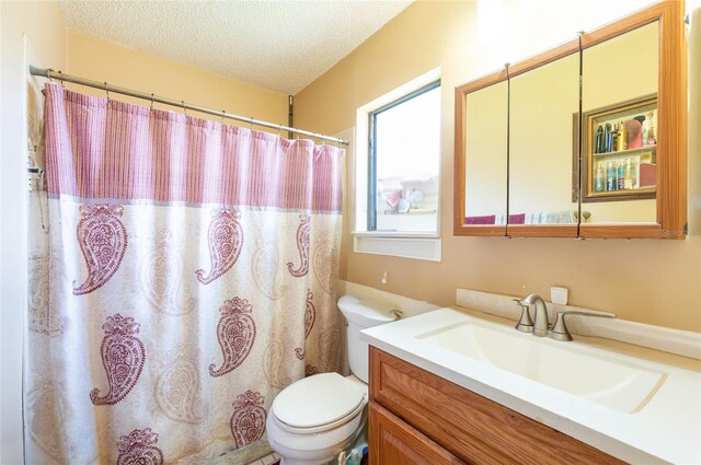 bathroom with vanity, a textured ceiling, and toilet