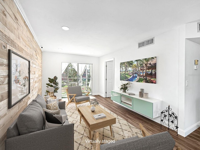 living room with dark hardwood / wood-style floors