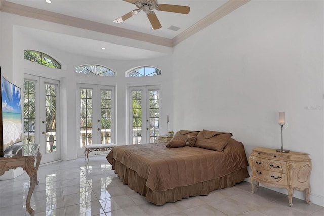 bedroom featuring multiple windows, french doors, access to outside, and ceiling fan