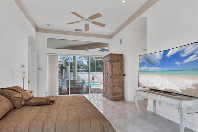 bedroom featuring access to outside, ceiling fan, and ornamental molding