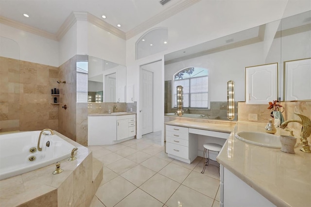 bathroom featuring tile patterned floors, vanity, crown molding, and plus walk in shower