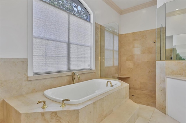 bathroom featuring separate shower and tub, tile patterned floors, and crown molding