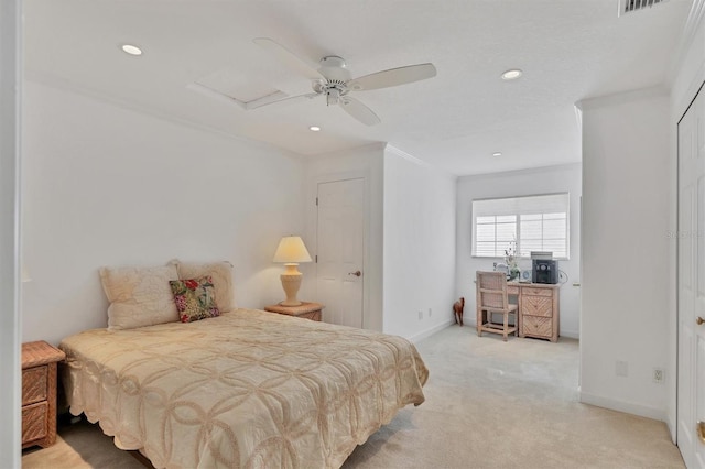 bedroom featuring ceiling fan, crown molding, and light colored carpet