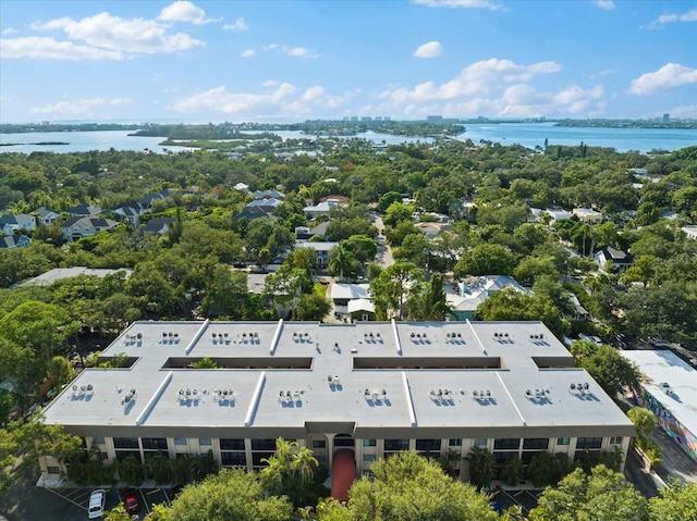 bird's eye view with a water view