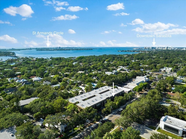 birds eye view of property featuring a water view