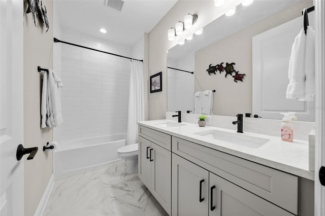 full bathroom featuring vanity, shower / bathtub combination with curtain, and toilet