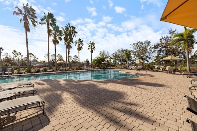 view of swimming pool featuring a patio area