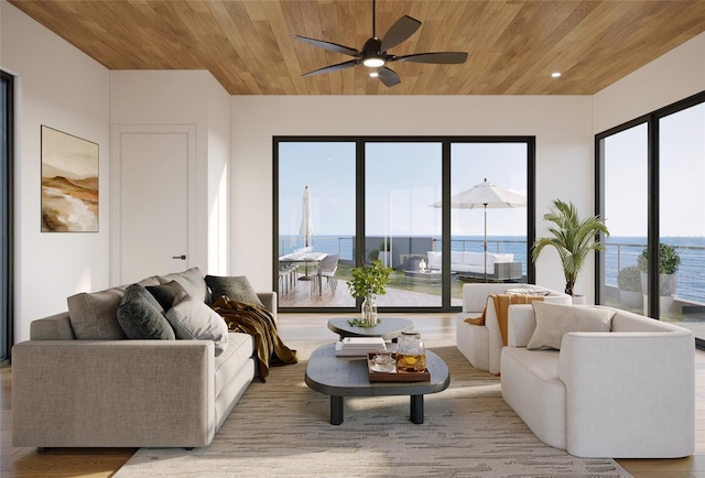 3200 Higel Ave, Sarasota, FL 34242 - living area with wood ceiling, a ceiling fan, wood finished floors, and a water view