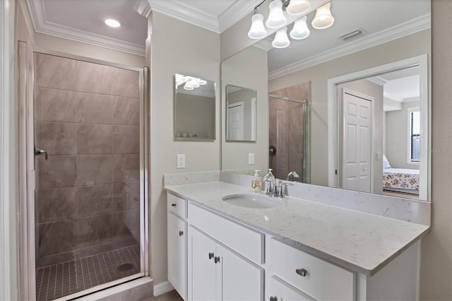 bathroom featuring walk in shower, vanity, and ornamental molding