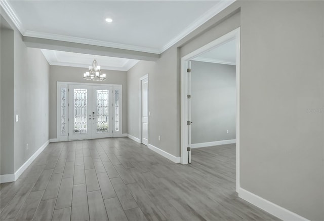 15625 San Lazzaro Ave, Bradenton, FL 34211 - empty room featuring a chandelier, french doors, ornamental molding, wood finished floors, and recessed lighting