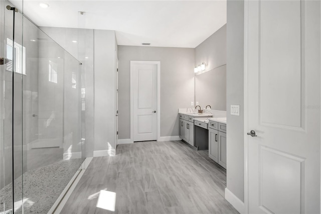 bathroom featuring vanity, wood-type flooring, and walk in shower