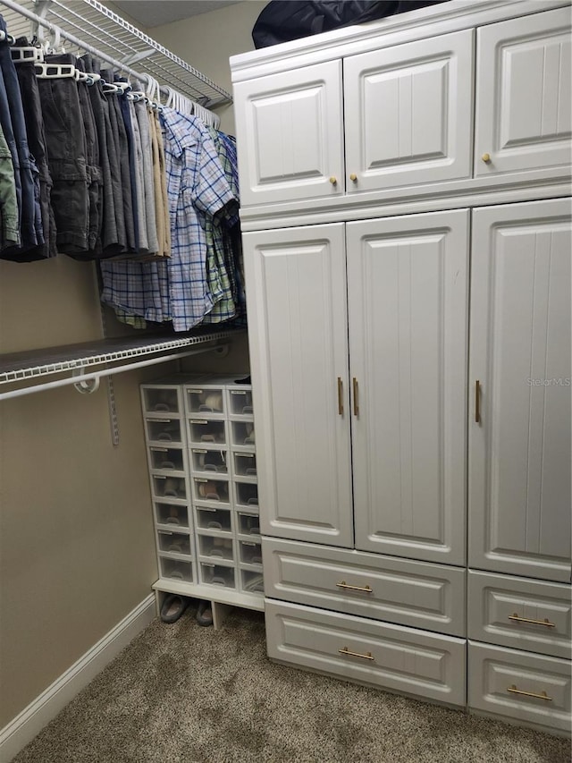 walk in closet featuring dark carpet