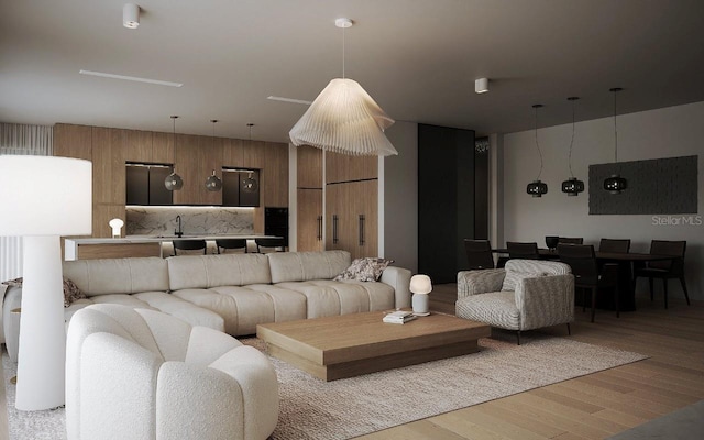 living room featuring sink and light hardwood / wood-style flooring