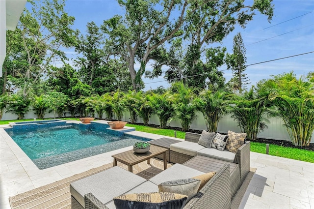 2038 Datura St, Sarasota, FL 34239 - view of pool featuring an outdoor living space, a patio, and a fenced backyard