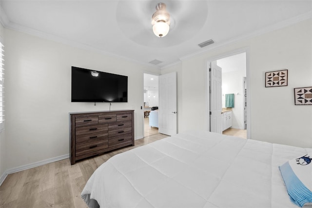 bedroom featuring connected bathroom, ornamental molding, ceiling fan, and light hardwood / wood-style flooring